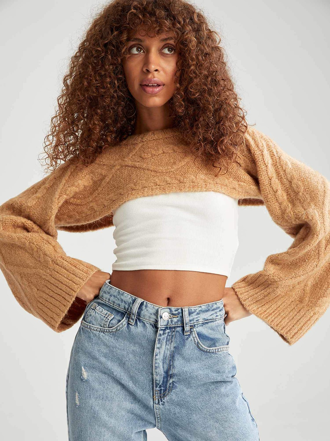 

DeFacto Women Brown Cable Knit Crop Pullover
