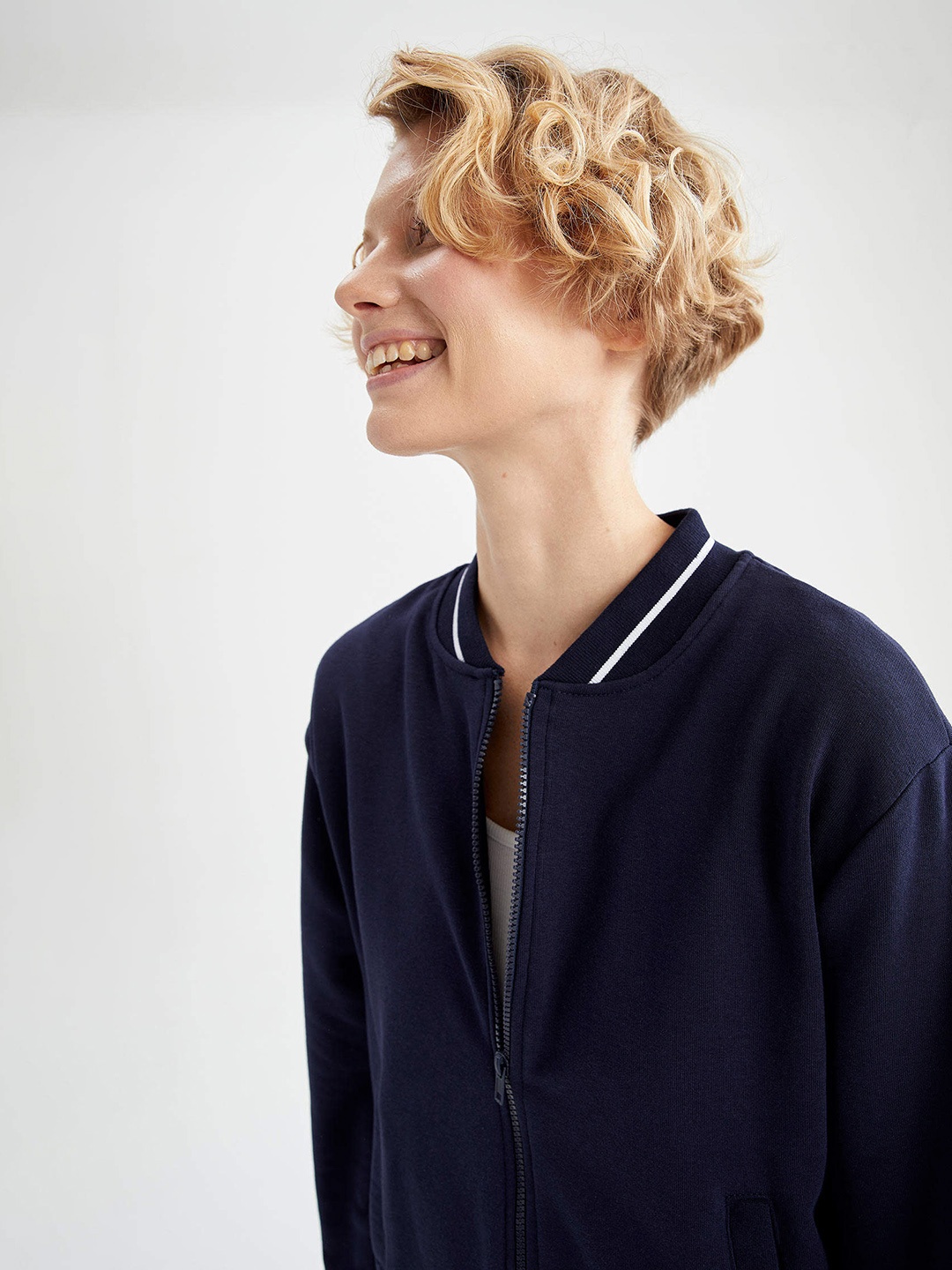 

DeFacto Women Navy Blue Solid Bomber Jacket