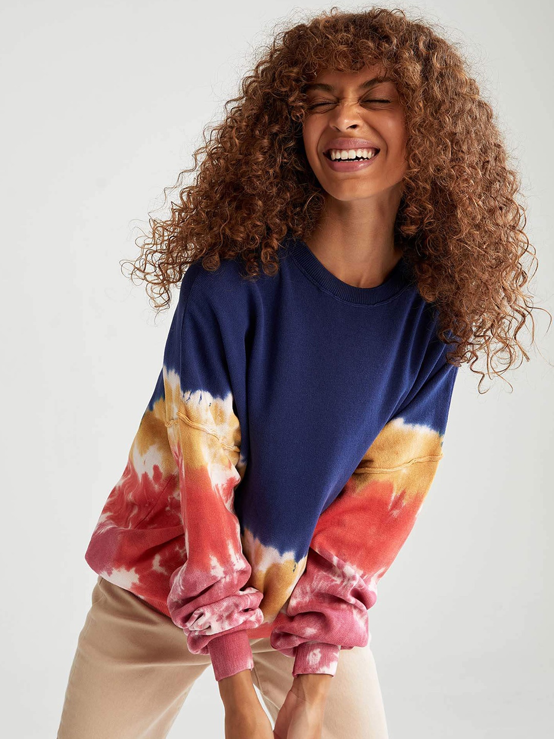 

DeFacto Women Navy Blue & Mustard Yellow Pure Cotton Tie and Dye Pullover