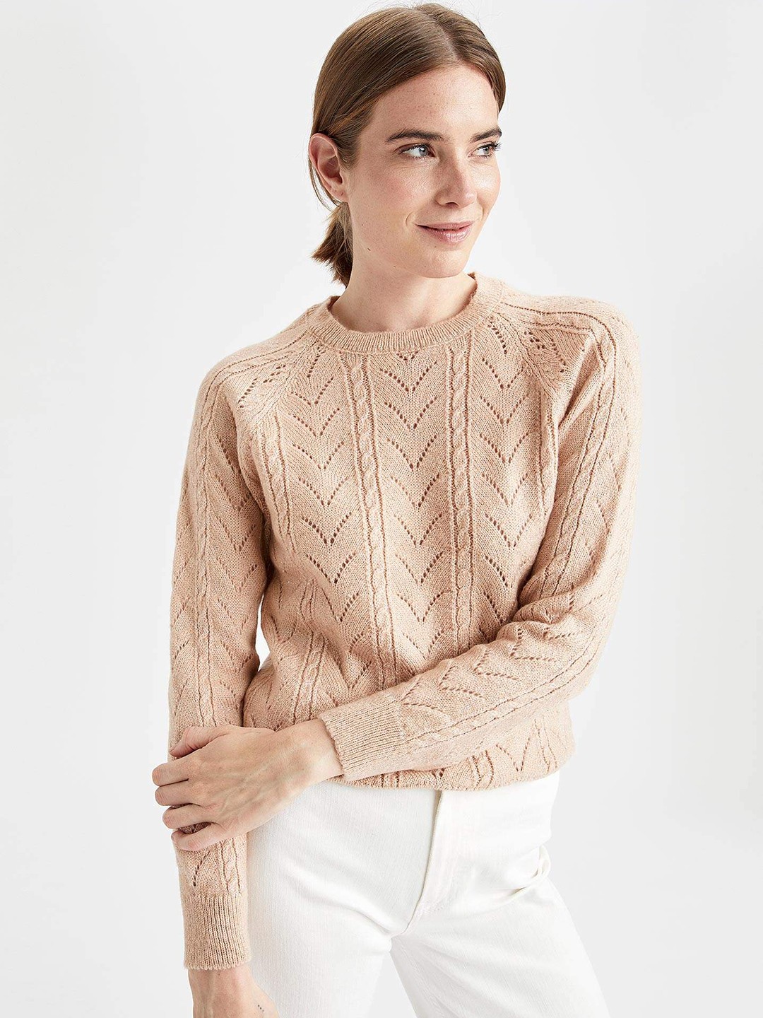 

DeFacto Women Peach-Coloured Open Knit Self-Design Pullover