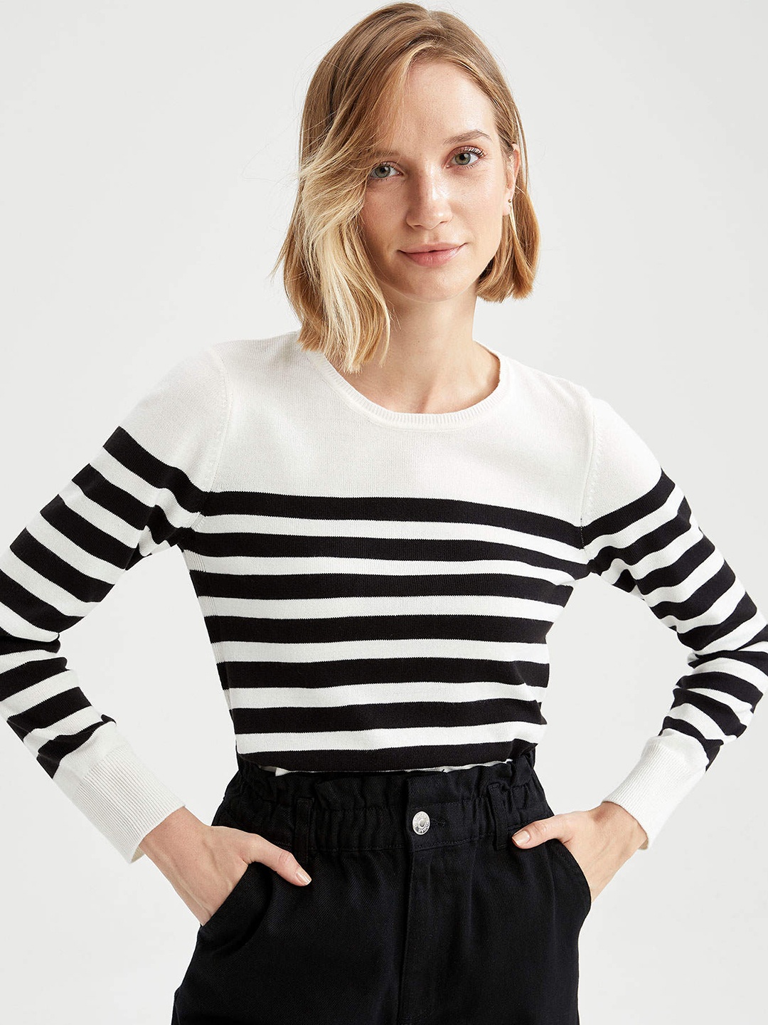

DeFacto Women White & Black Striped Pullover