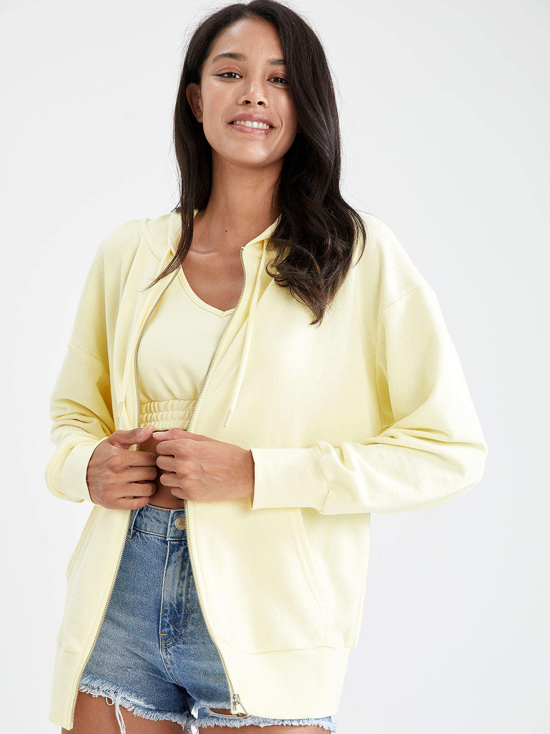 

DeFacto Women Yellow Solid Hooded Sweatshirt
