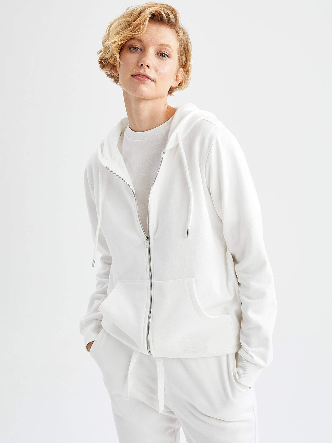 

DeFacto Women White Solid Hooded Sweatshirt