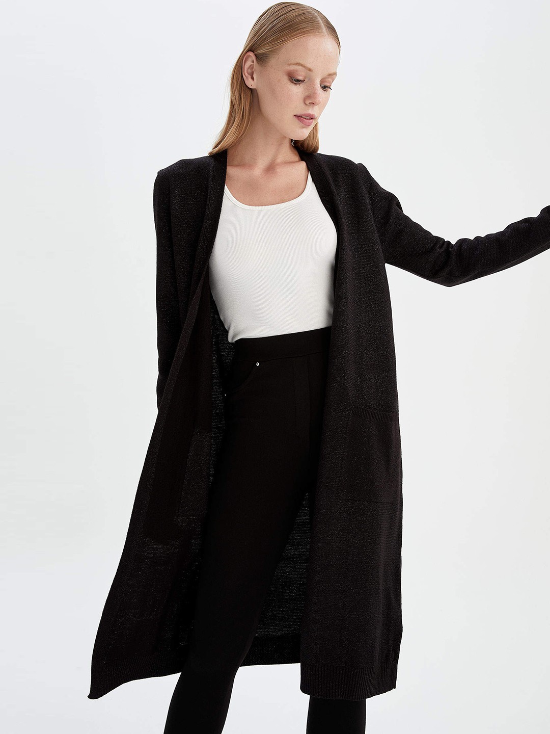 

DeFacto Women Black Longline Front-Open Cardigan