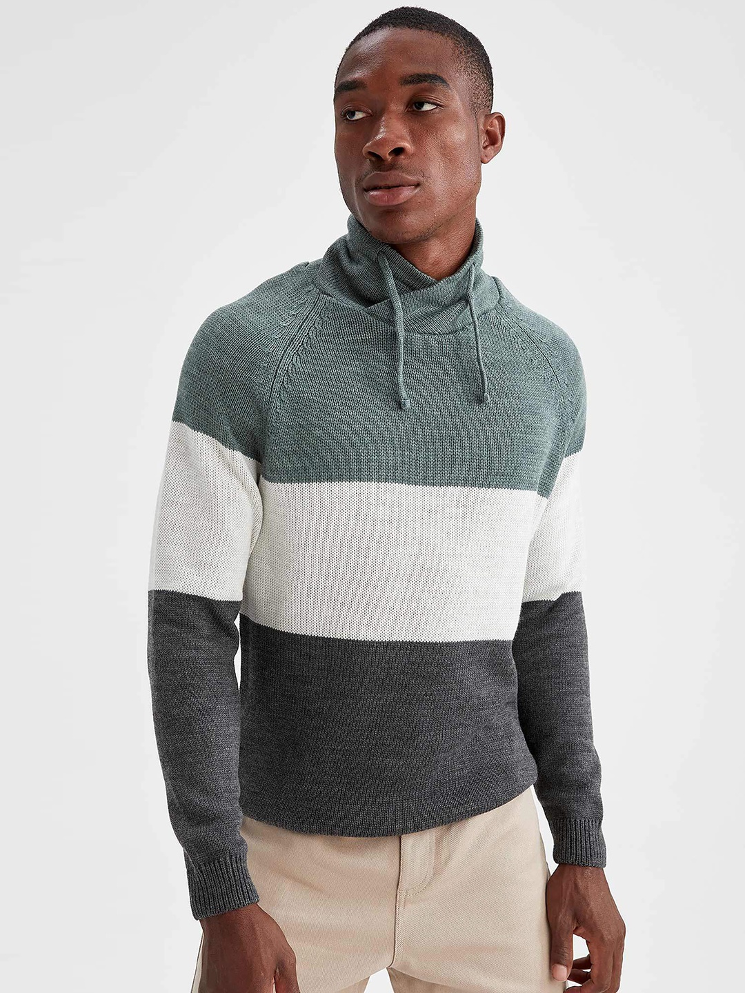 

DeFacto Men Green & White Colourblocked Pullover