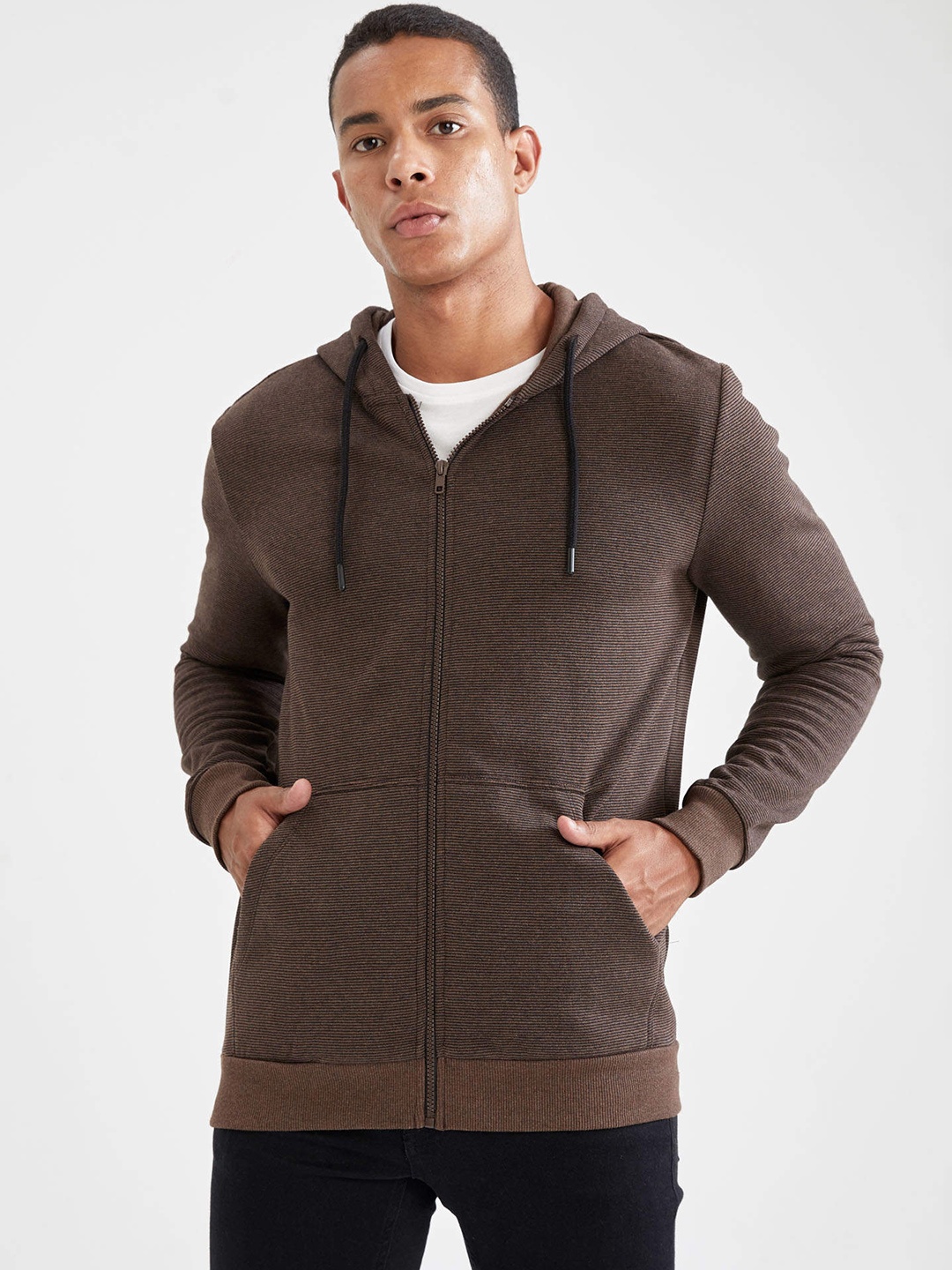 

DeFacto Men Brown Self-Striped Hooded Sweatshirt