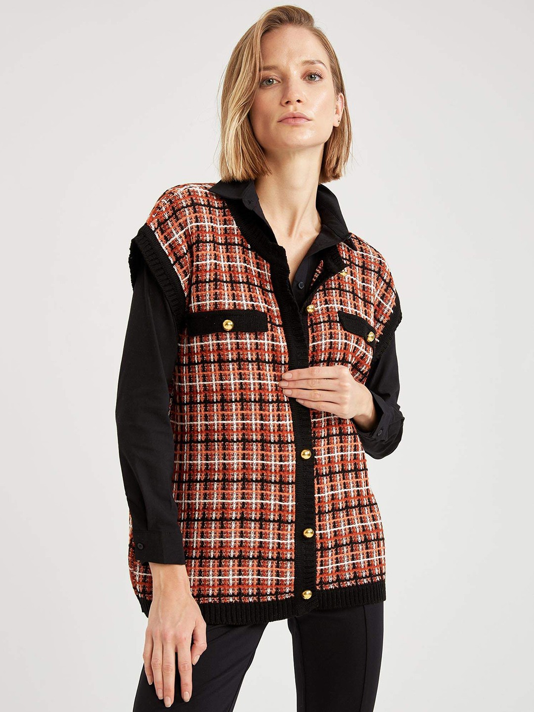 

DeFacto Women Acrylic Orange & White Geometric Self Design Sweater Vest