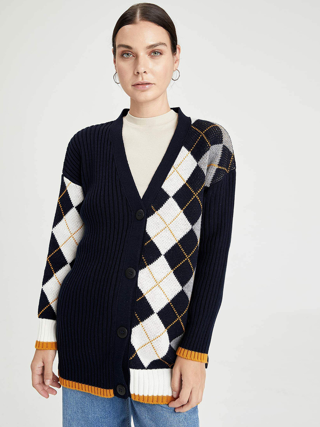 

DeFacto Women Navy Blue & White Argyle Ribbed Cardigan