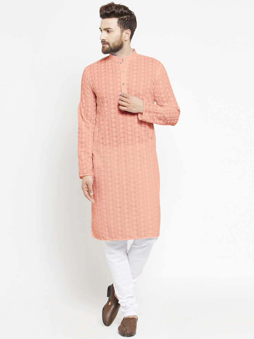 

TREEMODA Men Pink Ethnic Motifs Embroidered Chikankari Pure Cotton Kurta with Churidar