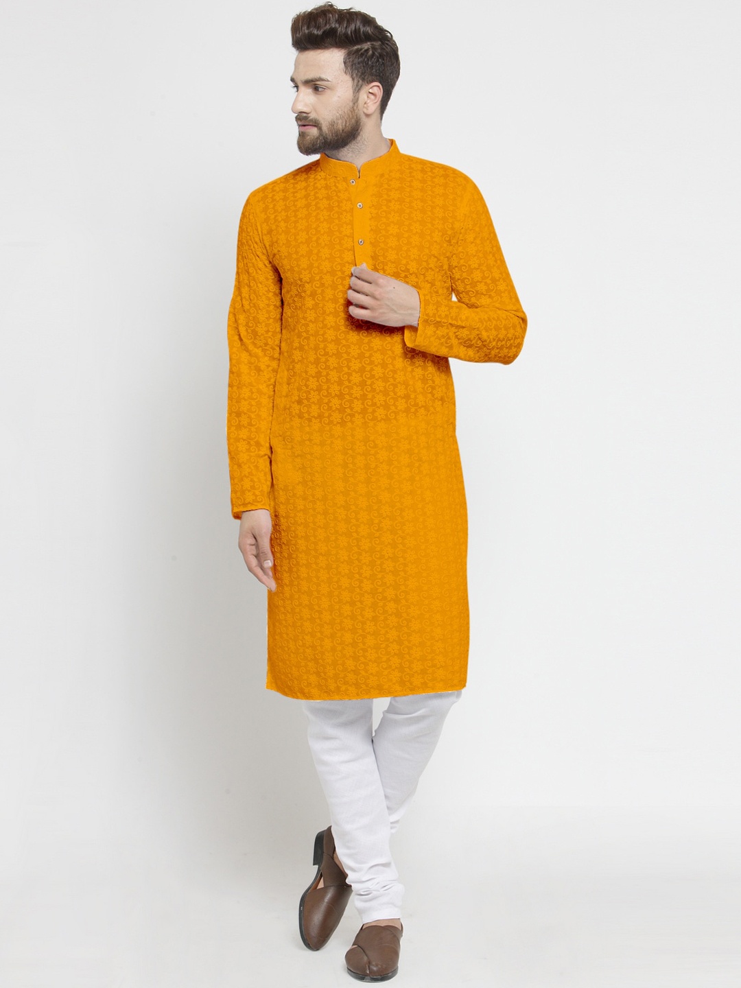 

TREEMODA Men Mustard Yellow Floral Chikankari Pure Cotton Kurta with Churidar