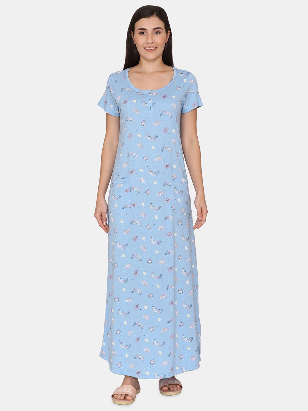 

Zivame Blue Printed Pure Cotton Maxi Nightdress