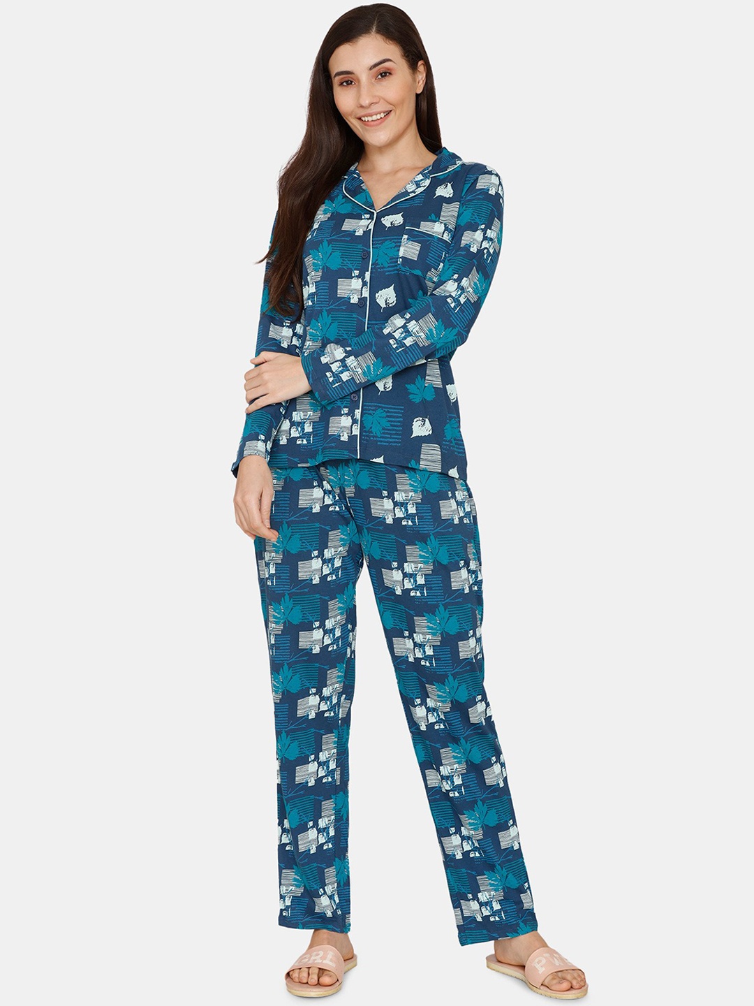 

Zivame Women Blue & Grey Printed Pure Cotton Night Suit