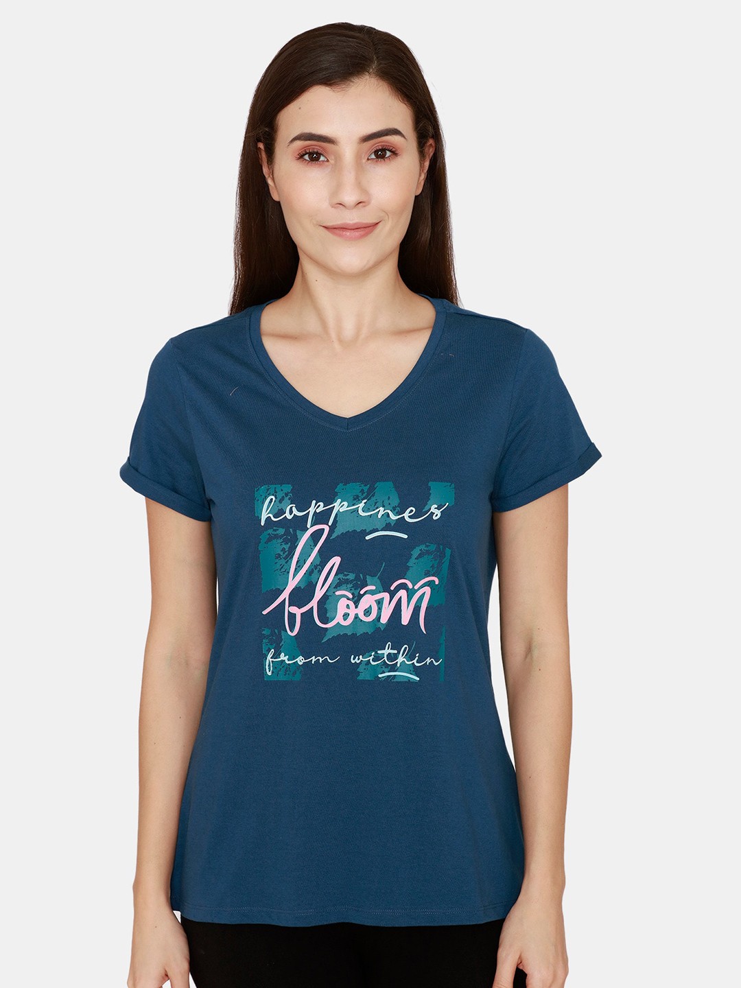 

Zivame Women Blue Typography Printed V-Neck Cotton T-shirt