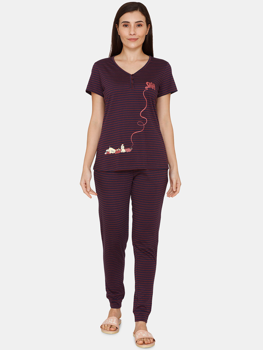 

Zivame Women Purple & Black Striped Night suit