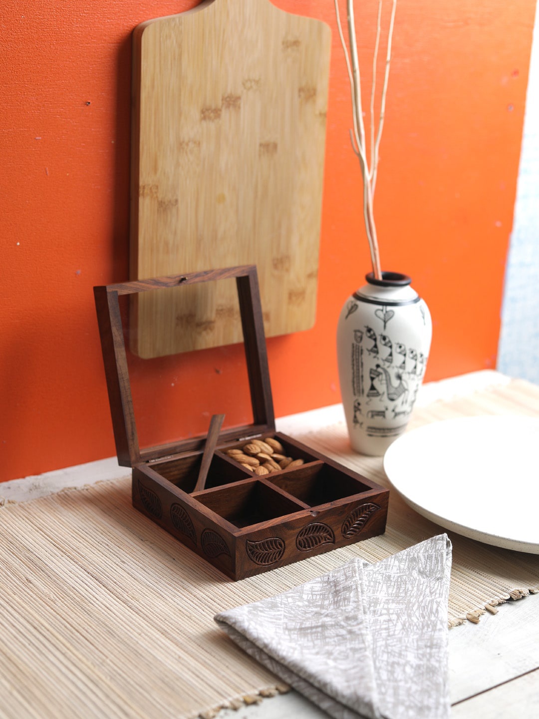 

VarEesha Brown Leaf Carved Wooden Spices or Dry Fruits Serving Box