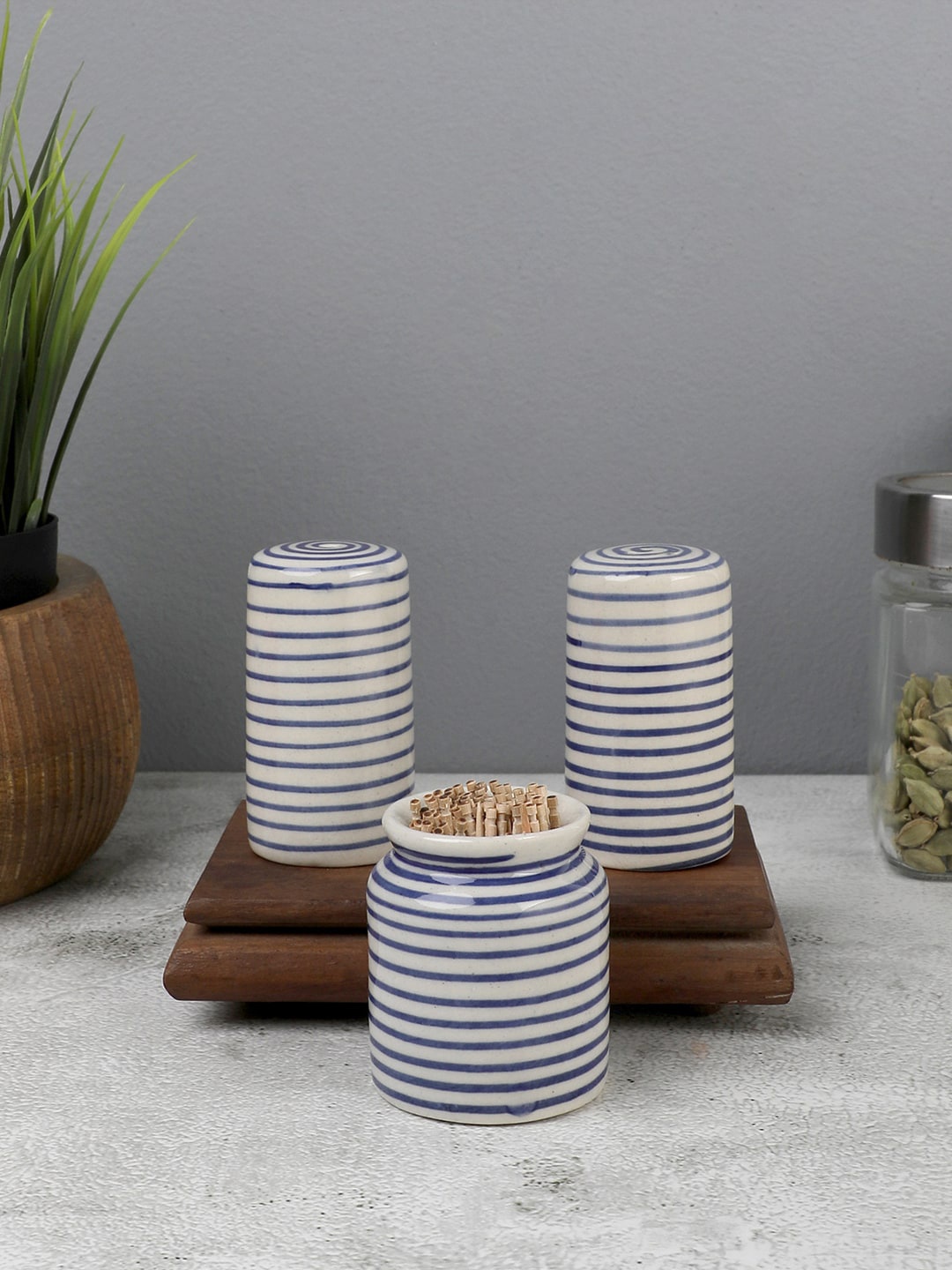 

VarEesha White & Blue Cylindrical Salt & Pepper Shaker Set With Toothpick Holder