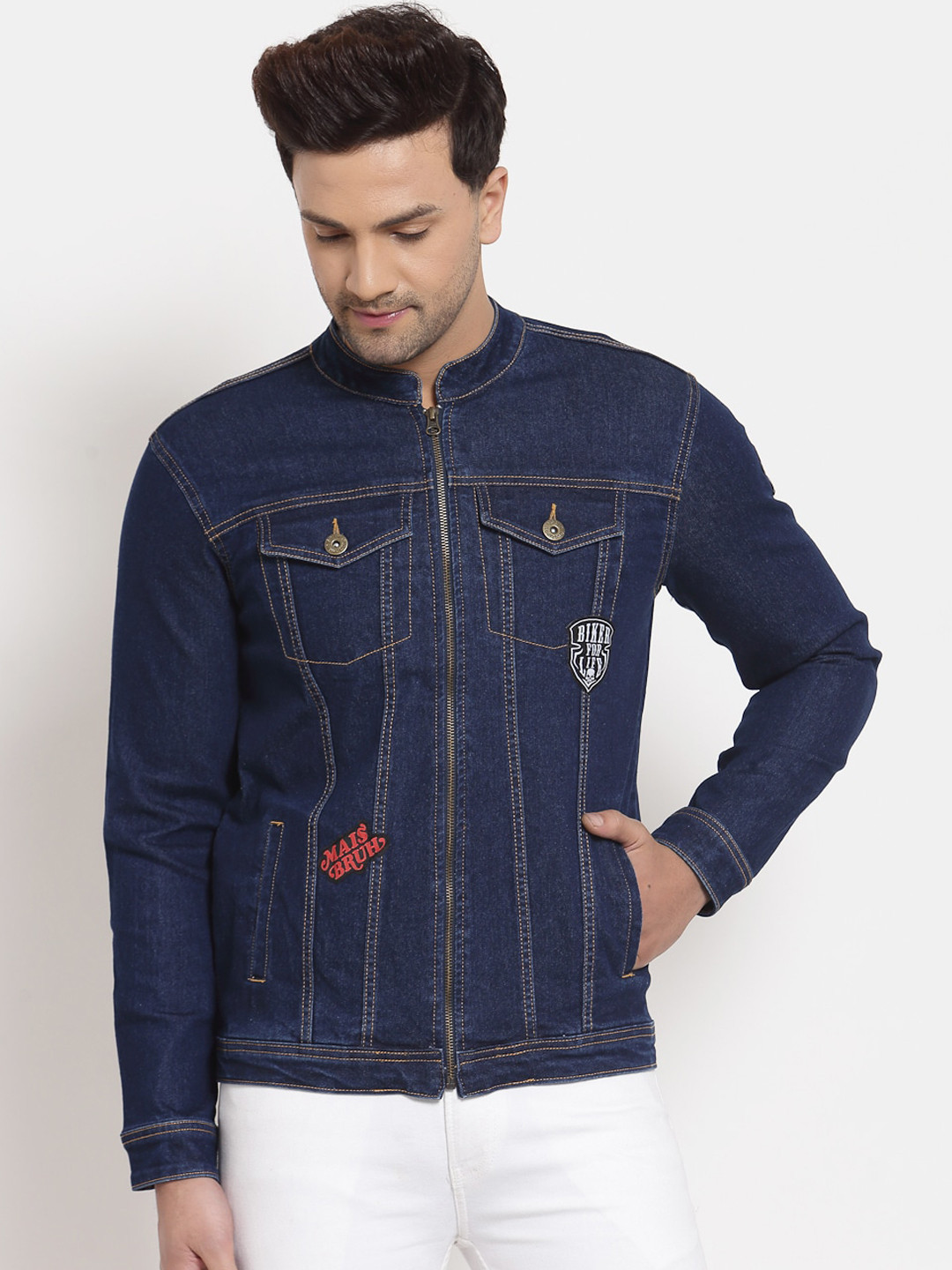 

Style Quotient Men Blue Washed Denim Jacket with Patchwork