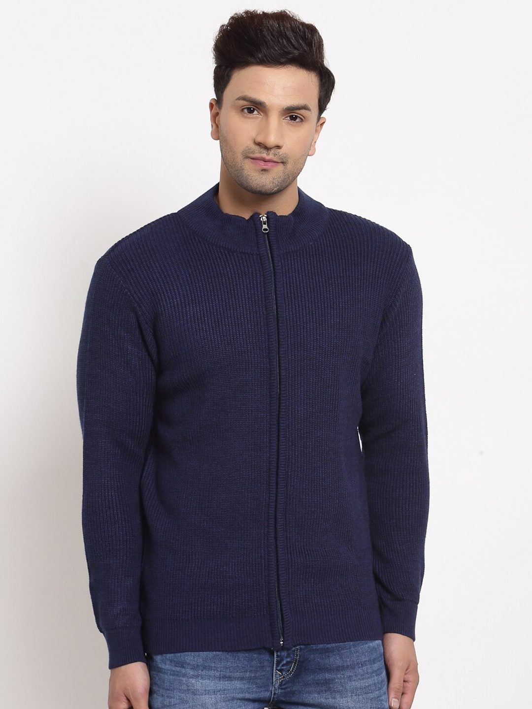 

Style Quotient Men Navy Blue Ribbed Cardigan with Zip Detail