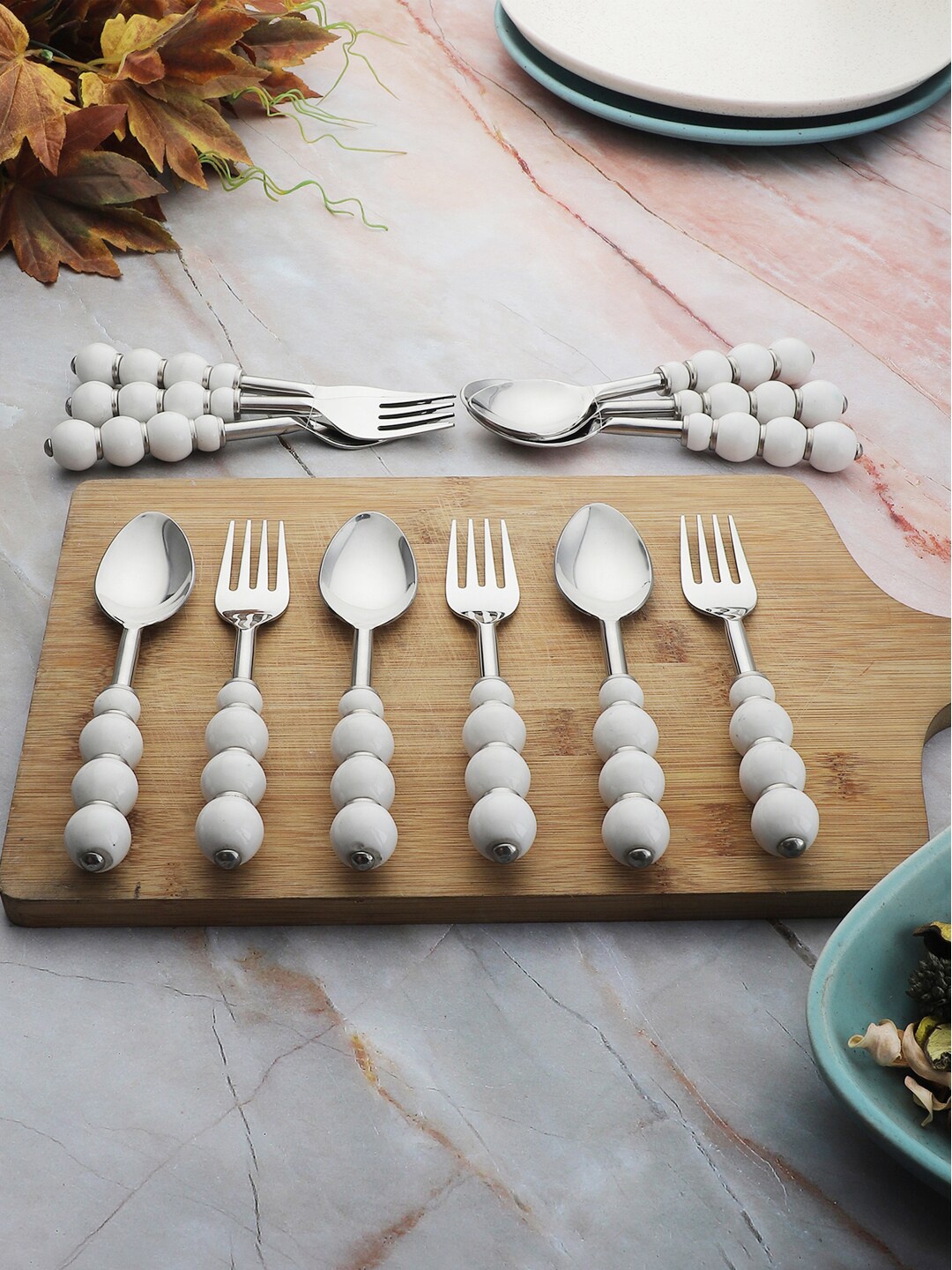 

VarEesha Set Of 12 White Beads Stainless Steel Forks & Spoons