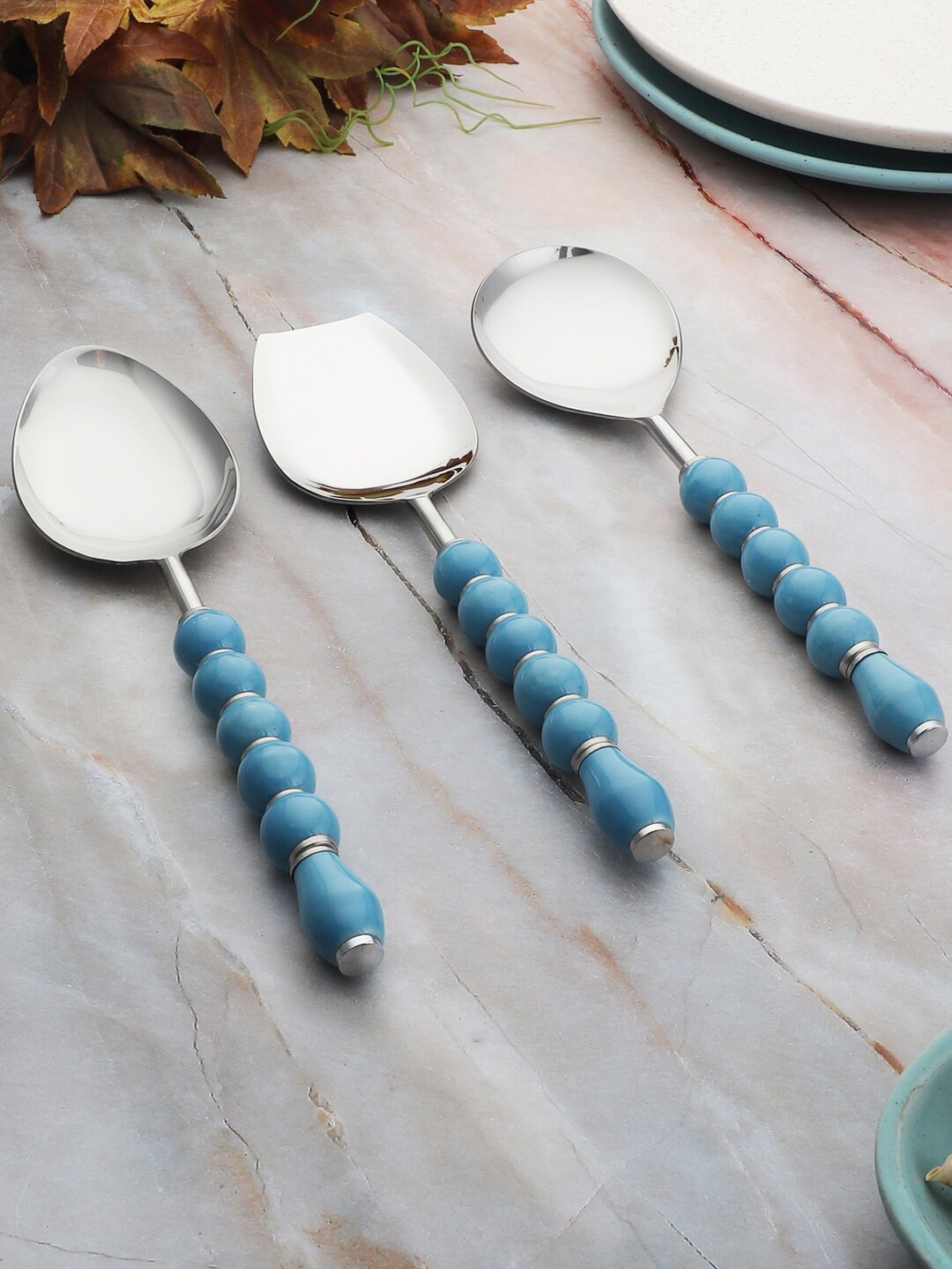 

VarEesha Set Of 3 Blue Beads Stainless Steel Serving Spoons