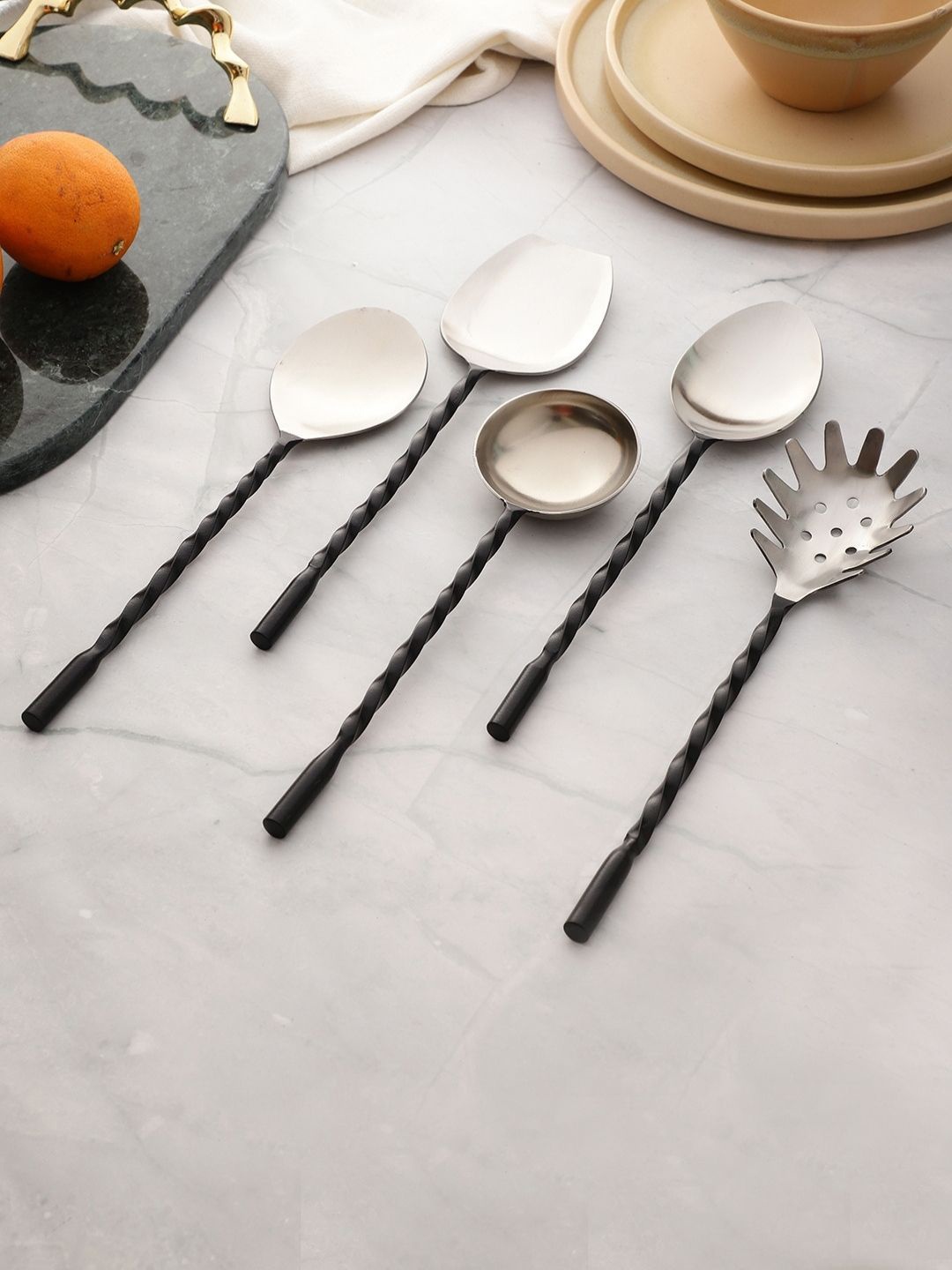 

VarEesha Set of 5 Black Twist Matt Finish Stainless Steel Serving Spoons