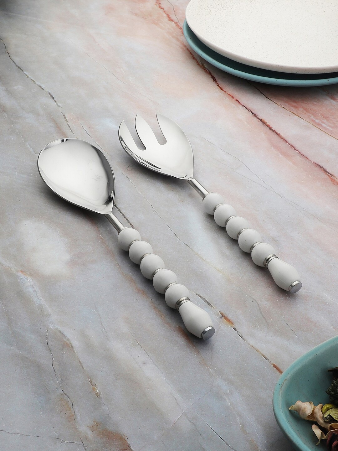 

VarEesha Set of 2 Regal White Beads Stainless Steel Salad Serving Spoons