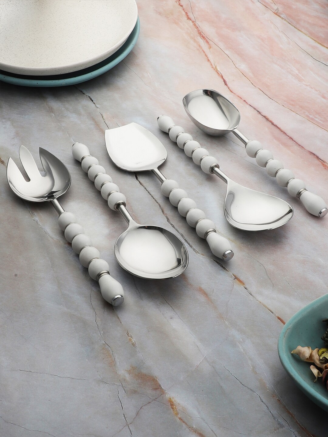 

VarEesha Set Of 5 Regal White Beads Stainless Steel Serving Spoons