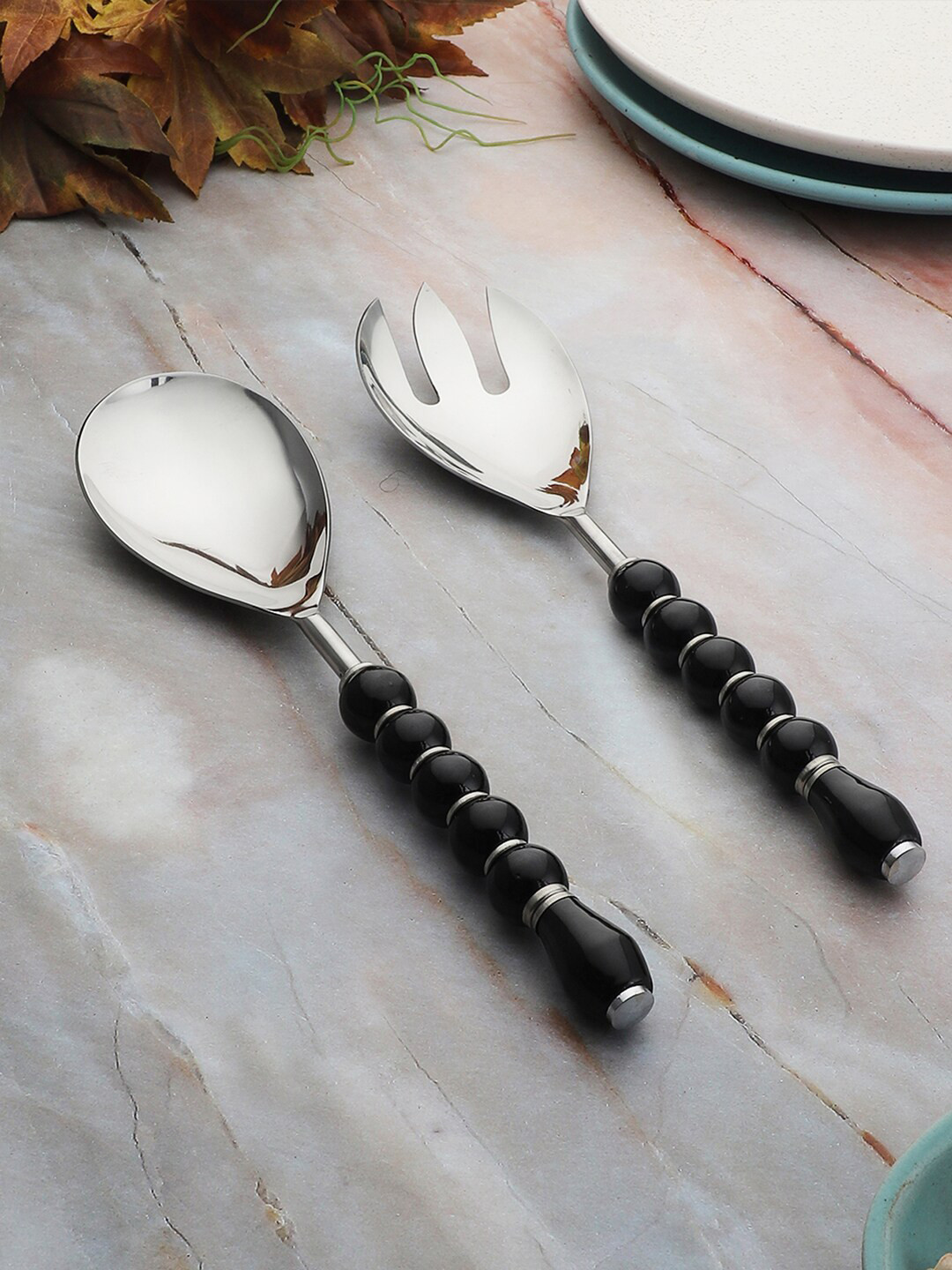 

VarEesha Set of 2 Black & Silver-toned Regal Black Beads Salad Serving Cutlery Set