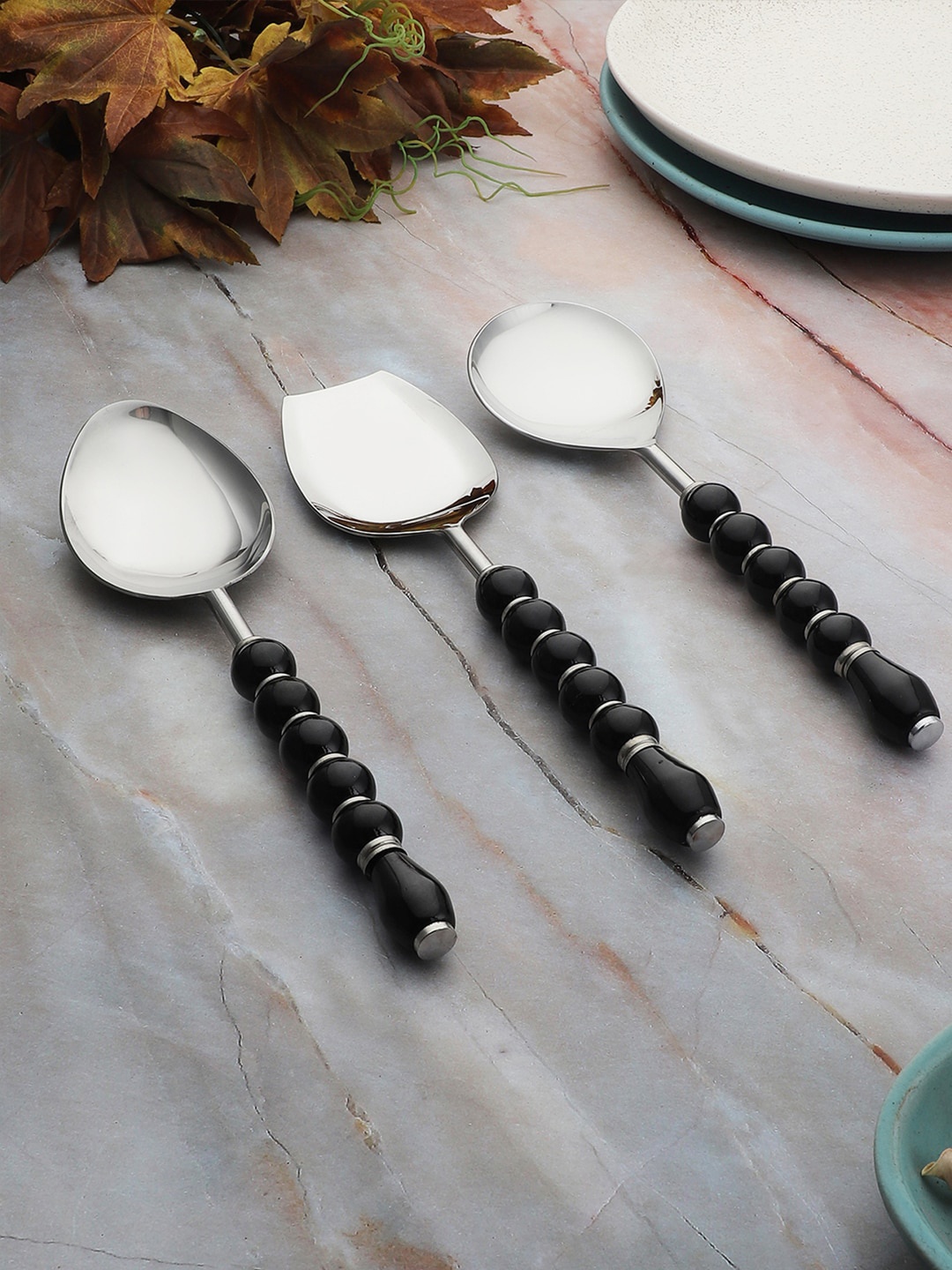

VarEesha Metallic Set Of 3 Regal Black Beads Stainless Steel Serving Spoons Set