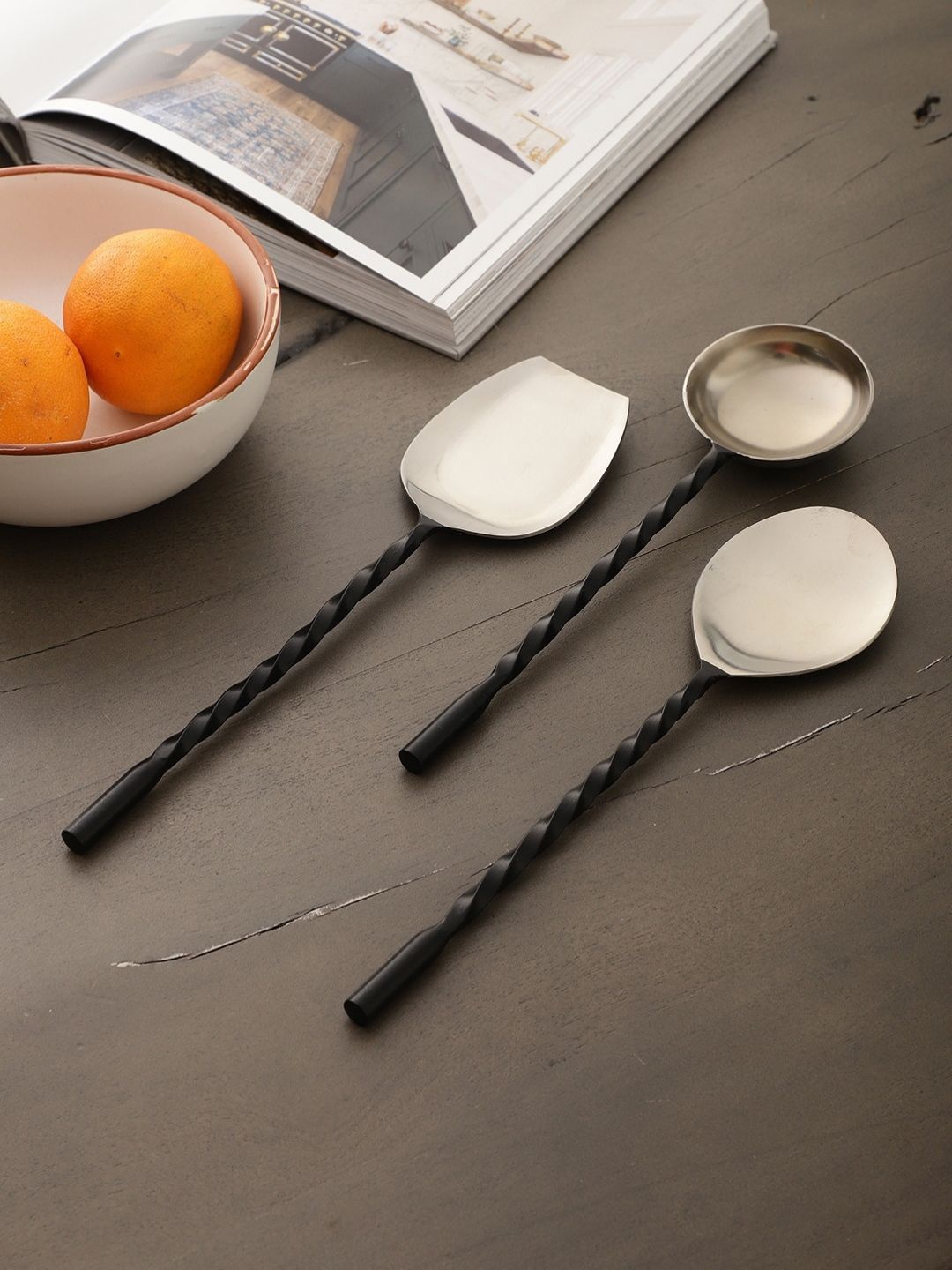

VarEesha Set Of 3 Black Twist Matt Finish Stainless Steel Serving Spoons