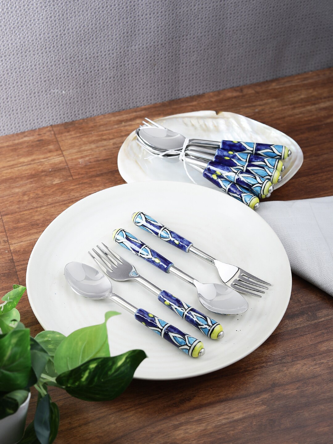 

VarEesha Set Of 12 Blue Mughal Ceramic Handle Steel Spoons & Forks Cutlery