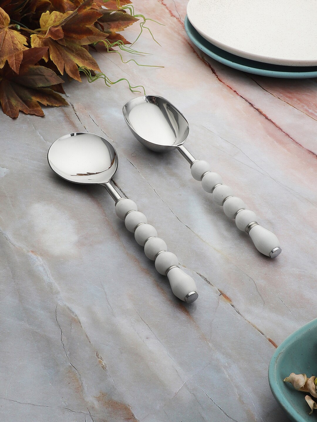 

VarEesha Set of 2 Regal White Beads Stainless Steel Serving Spoons