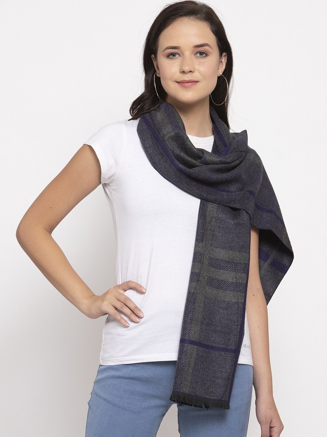 

Calvadoss Women Grey & Blue Checked Wool Stole