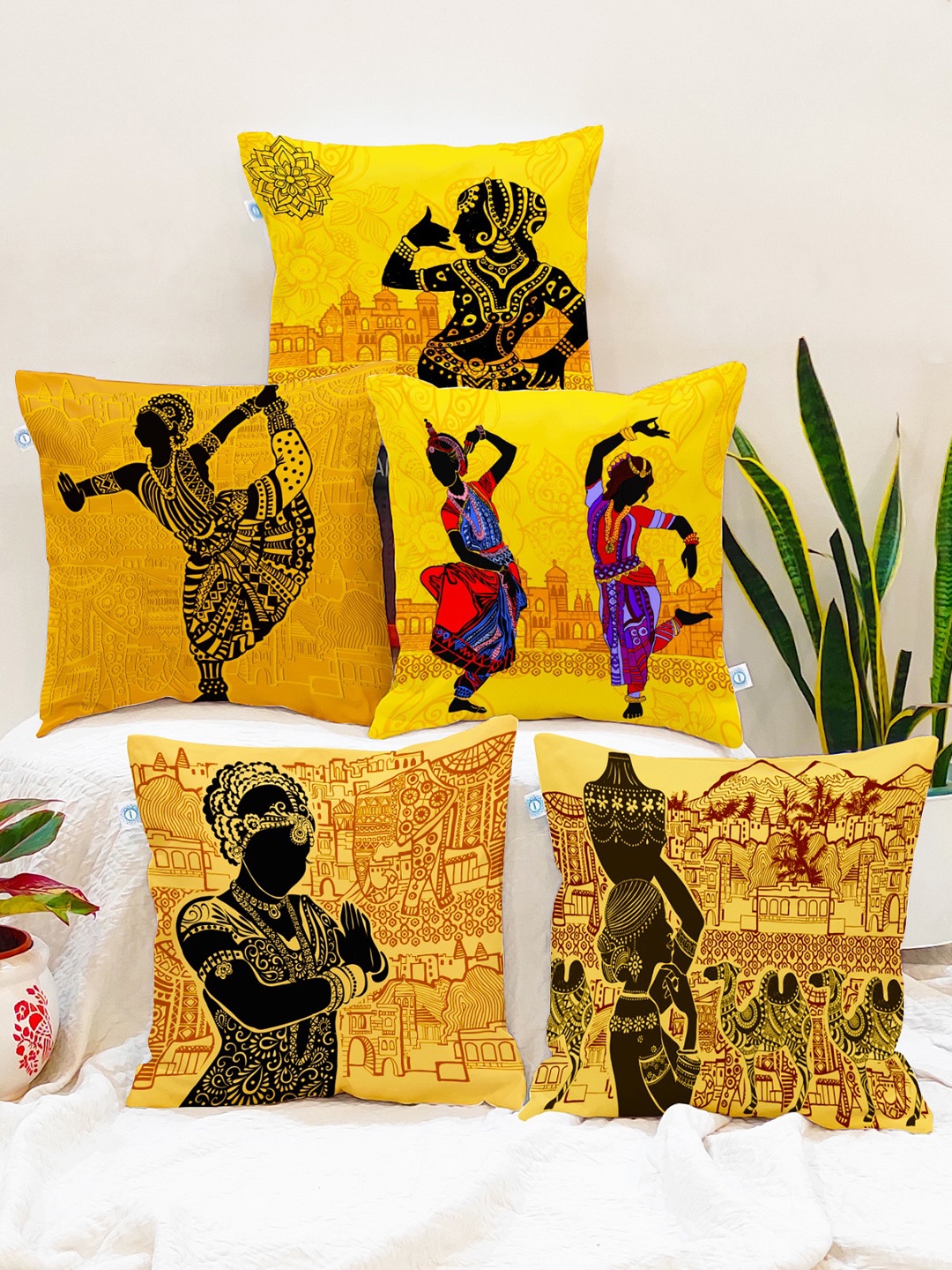 

STITCHNEST Yellow & Purple Set of 5 Ethnic Motifs Square Cushion Covers