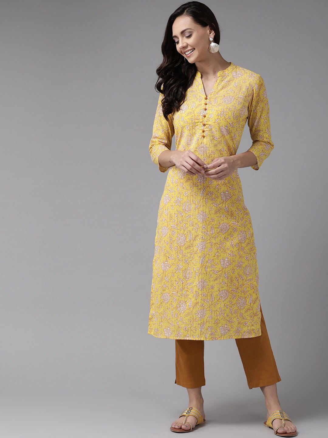 

anayna Women Yellow & Rust Floral Printed Pure Cotton Kurta with Trousers