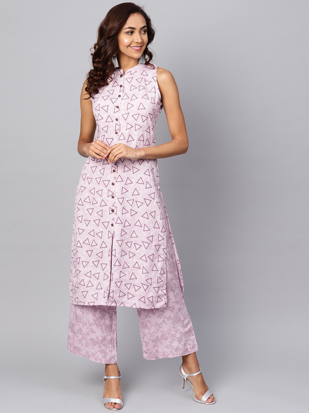 

anayna Women Purple Printed High Slit Kurta with Palazzos