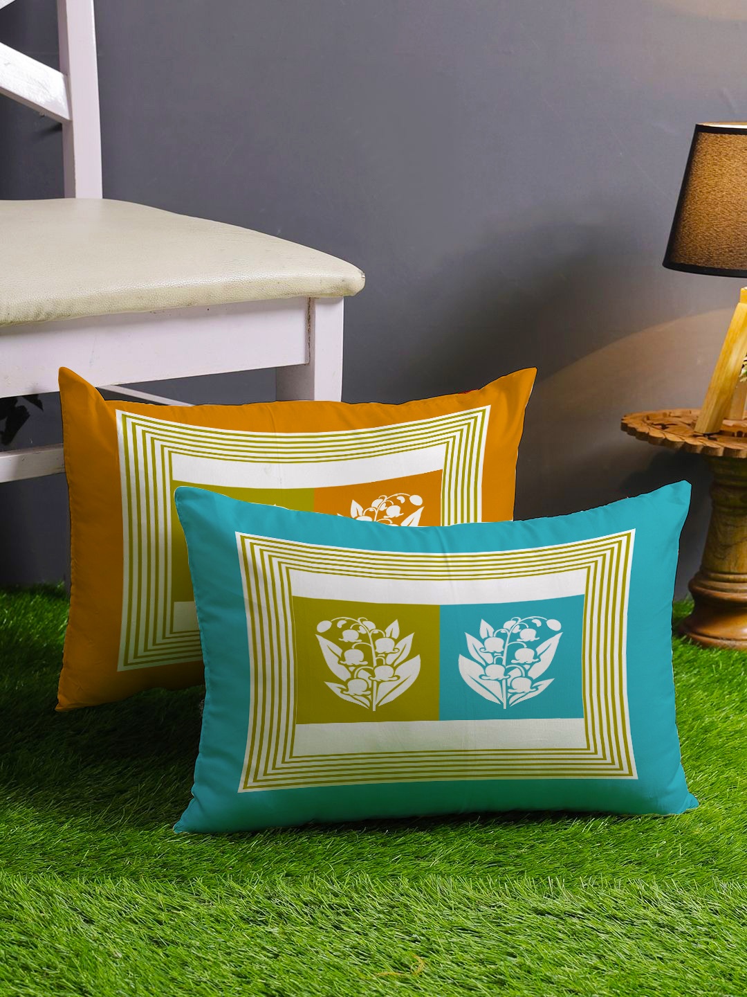 

STITCHNEST Set of 2 Yellow & Blue Floral Rectangle Cushion Covers
