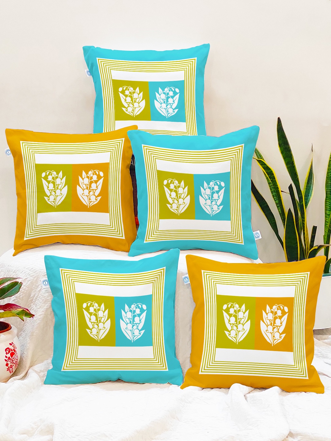 

STITCHNEST Yellow & Blue Set of 5 Ethnic Motifs Square Cushion Covers