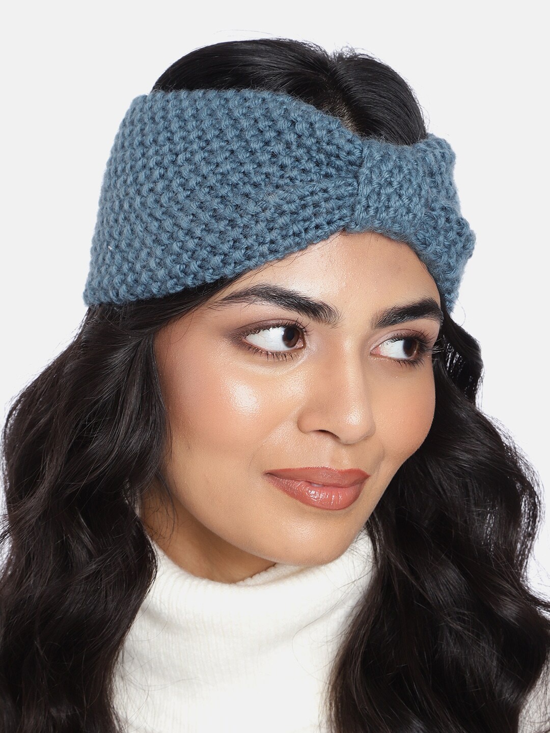 

Magic Needles Women Storm Blue Self-Design Woollen Bandana Headband with Bow Detail