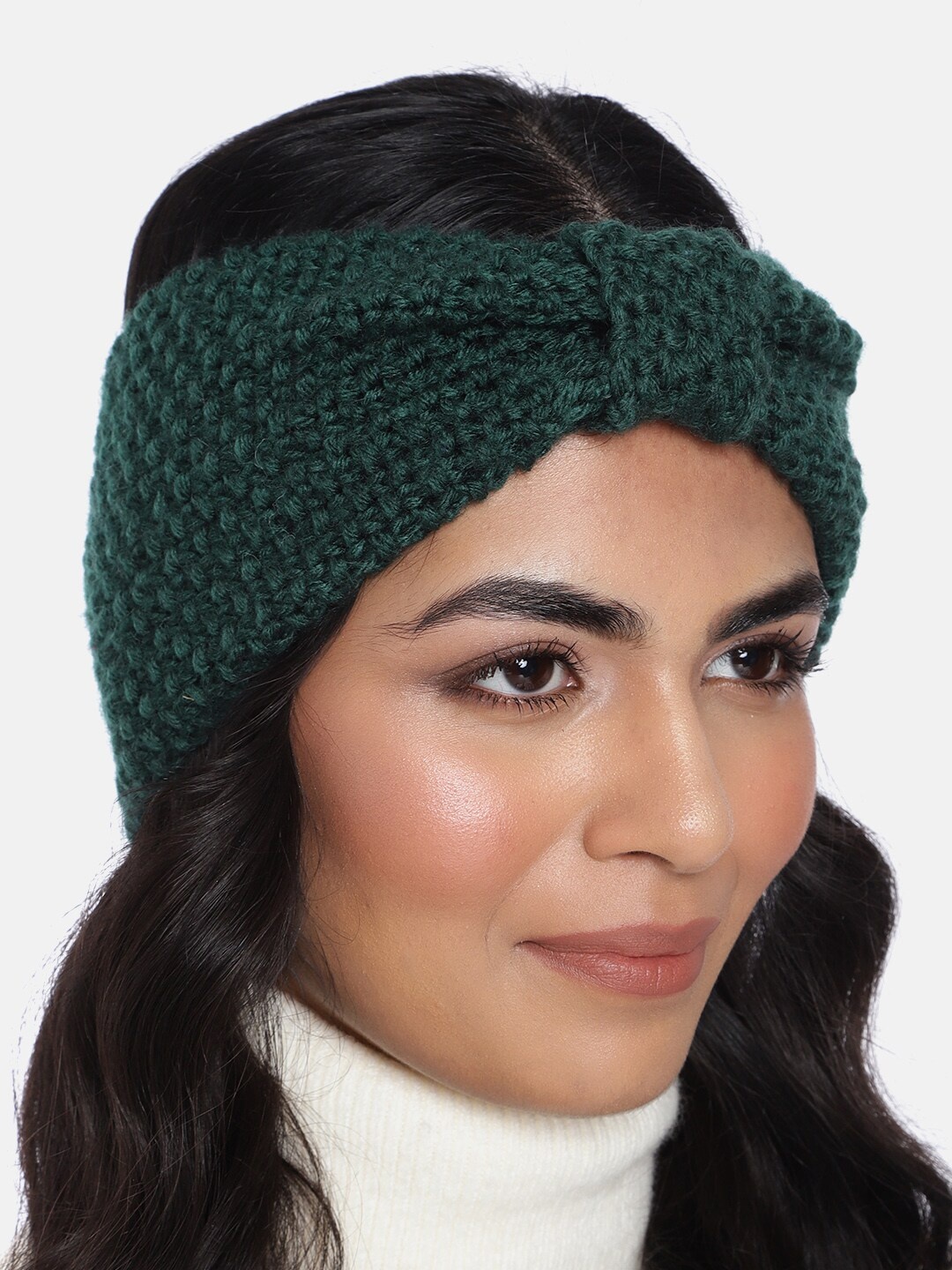 

Magic Needles Women Dark Green Self-Design Woollen Bandana Headband with Bow Detail