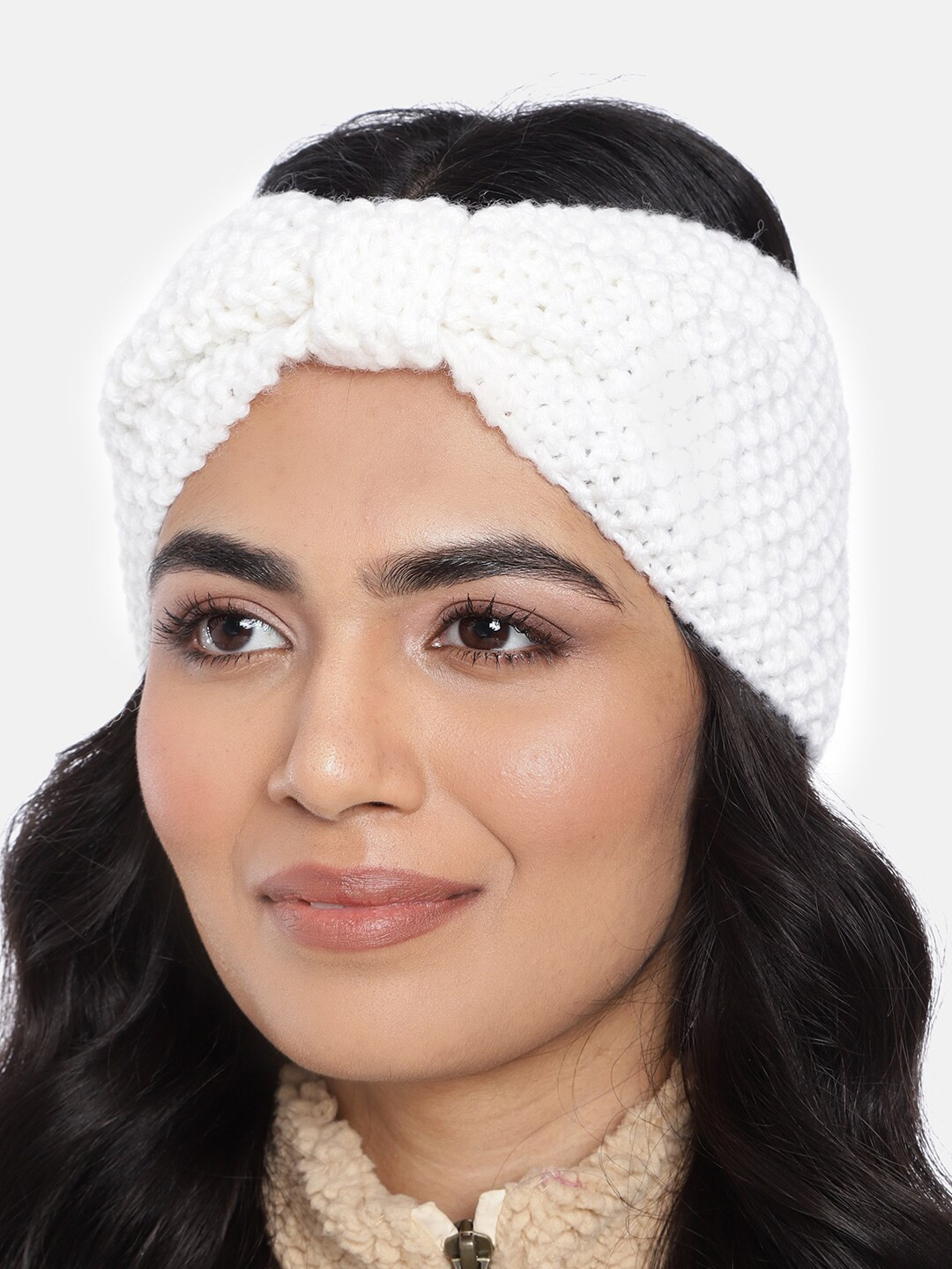 

Magic Needles Women Black Self-Design Bandana Woollen Headband with Bow Detail, White