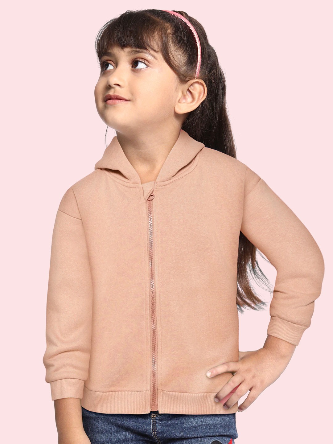 

DeFacto Girls Peach-Coloured Solid Hooded Sweatshirt