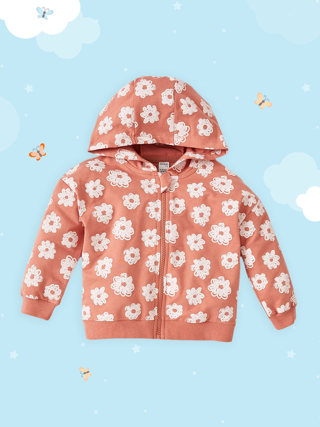 

DeFacto Girls Coral Orange & White Cotton Floral Printed Hooded Sweatshirt