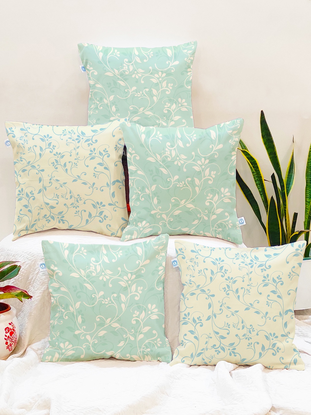 

STITCHNEST Set of 5 Teal Green & Cream-Coloured Floral Square Cushion Covers