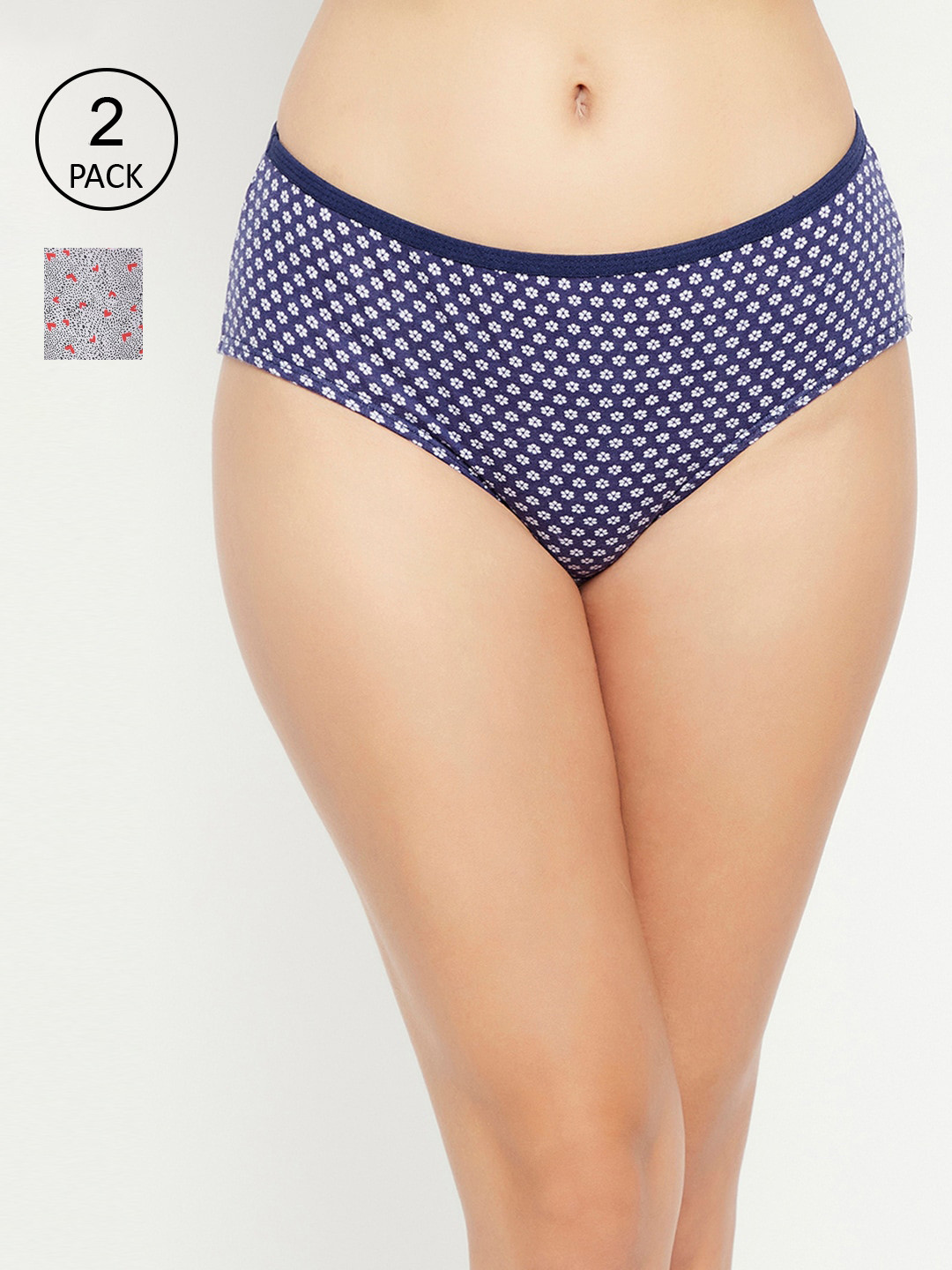 

Clovia Pack of 2 Navy Blue & White Cotton Mid Waist Printed Hipster Briefs COMPN1202S