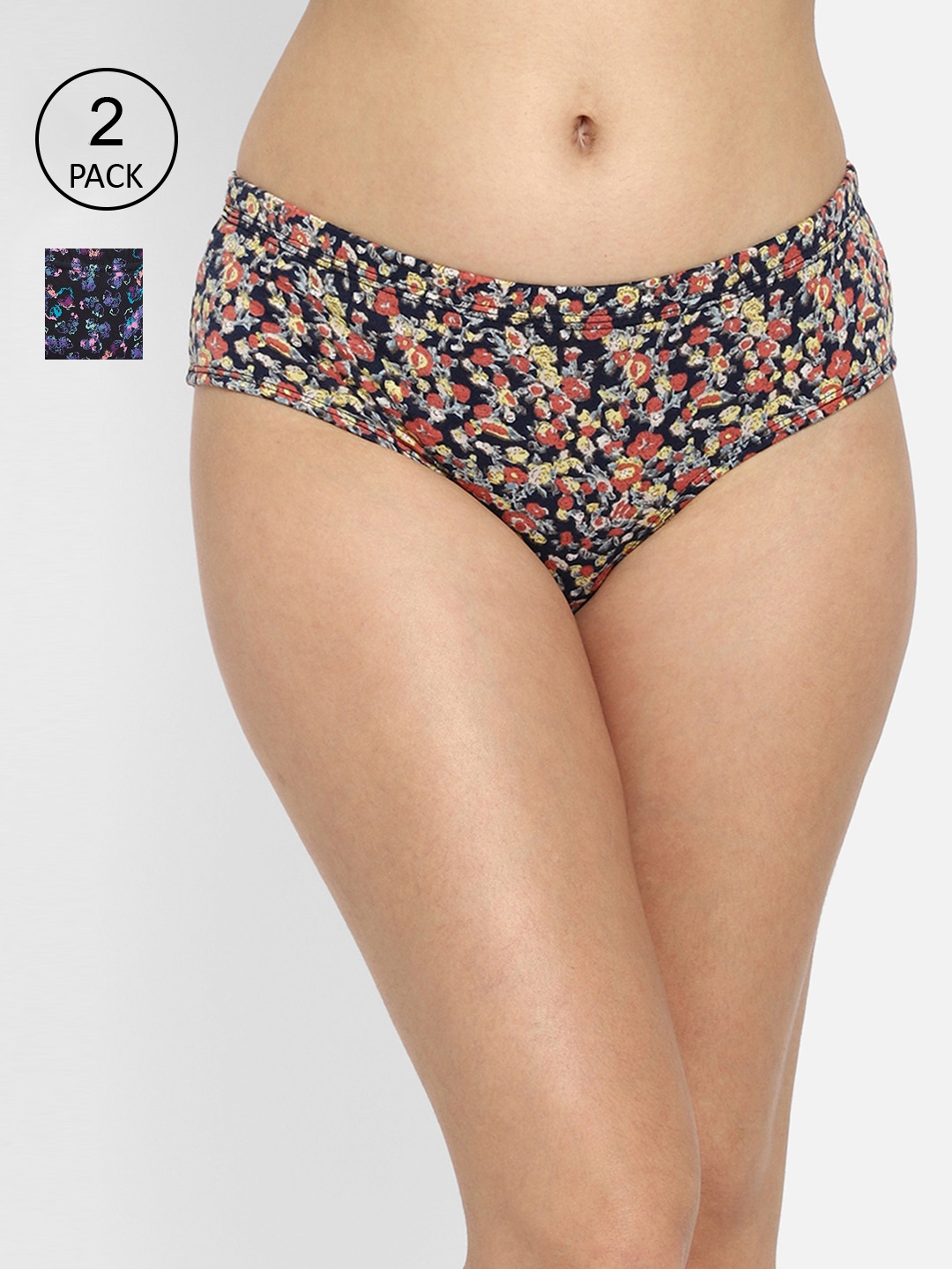 

Clovia Navy Blue & Red Pack of 2 Cotton Floral Printed Hipster Briefs