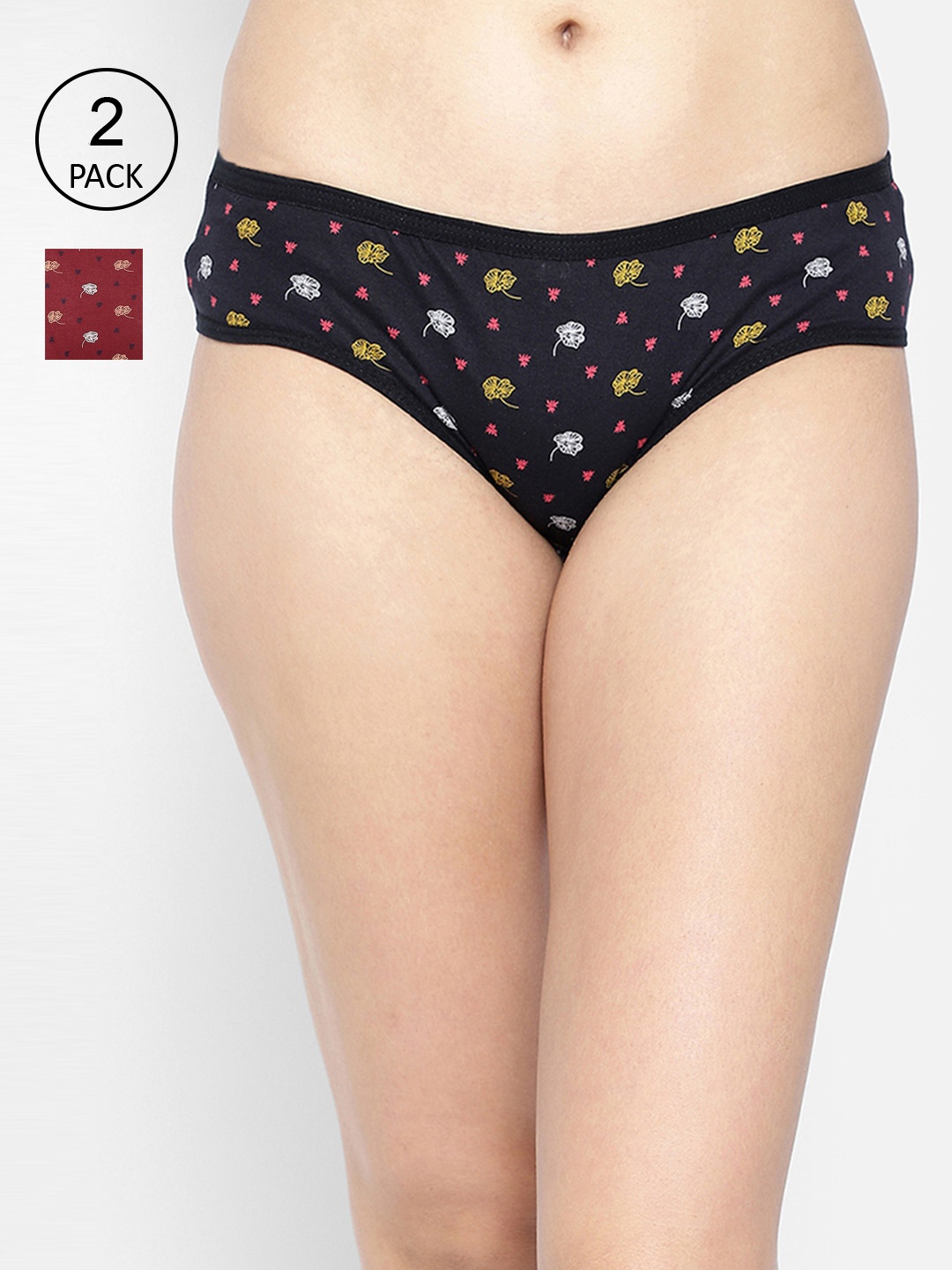 

Clovia Pack of 2 Cotton Mid Waist Floral Print Hipster Briefs, Maroon