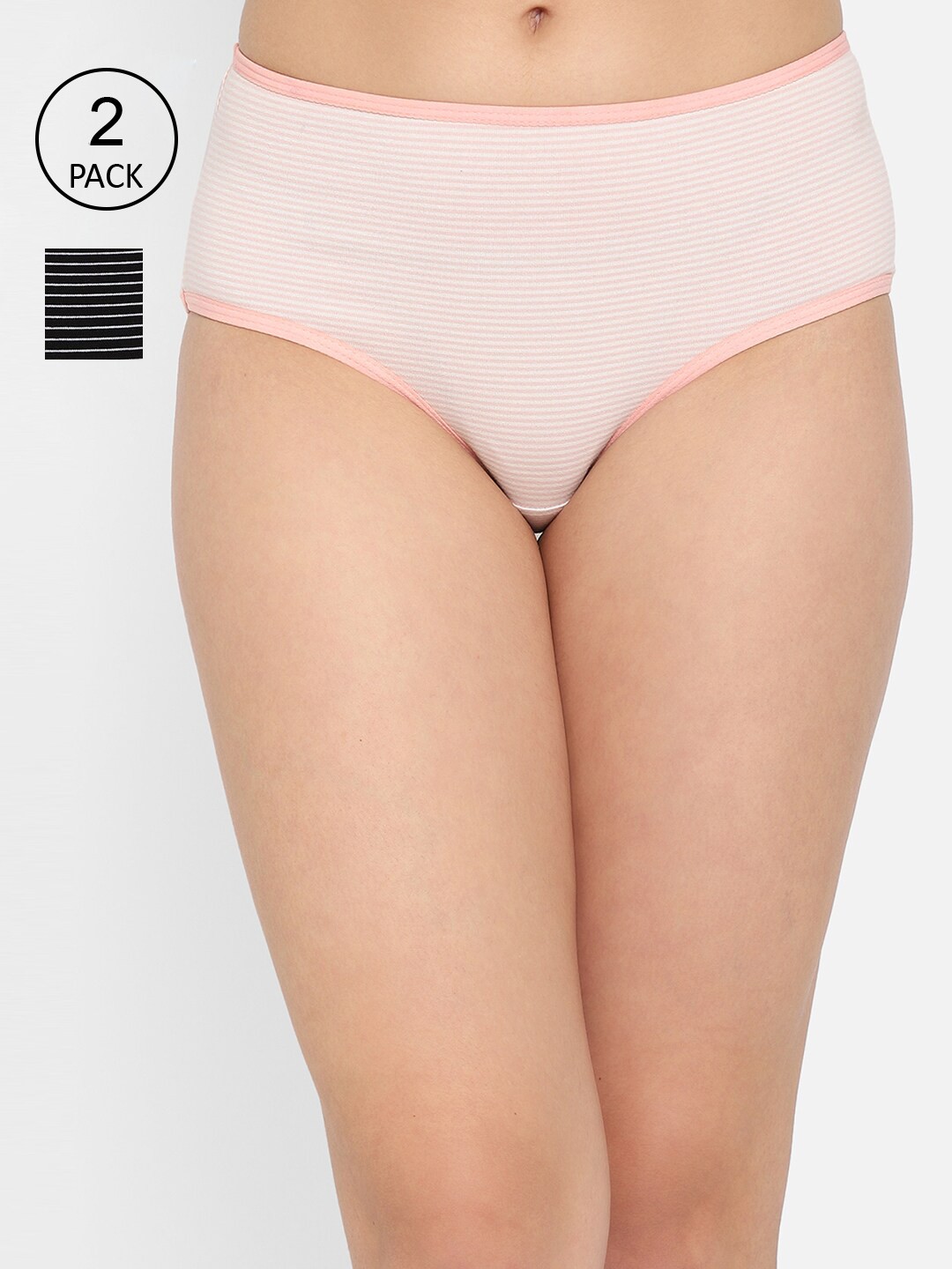 

Clovia Women Pack of 2 Cotton Mid Waist Striped Hipster Panty, Pink