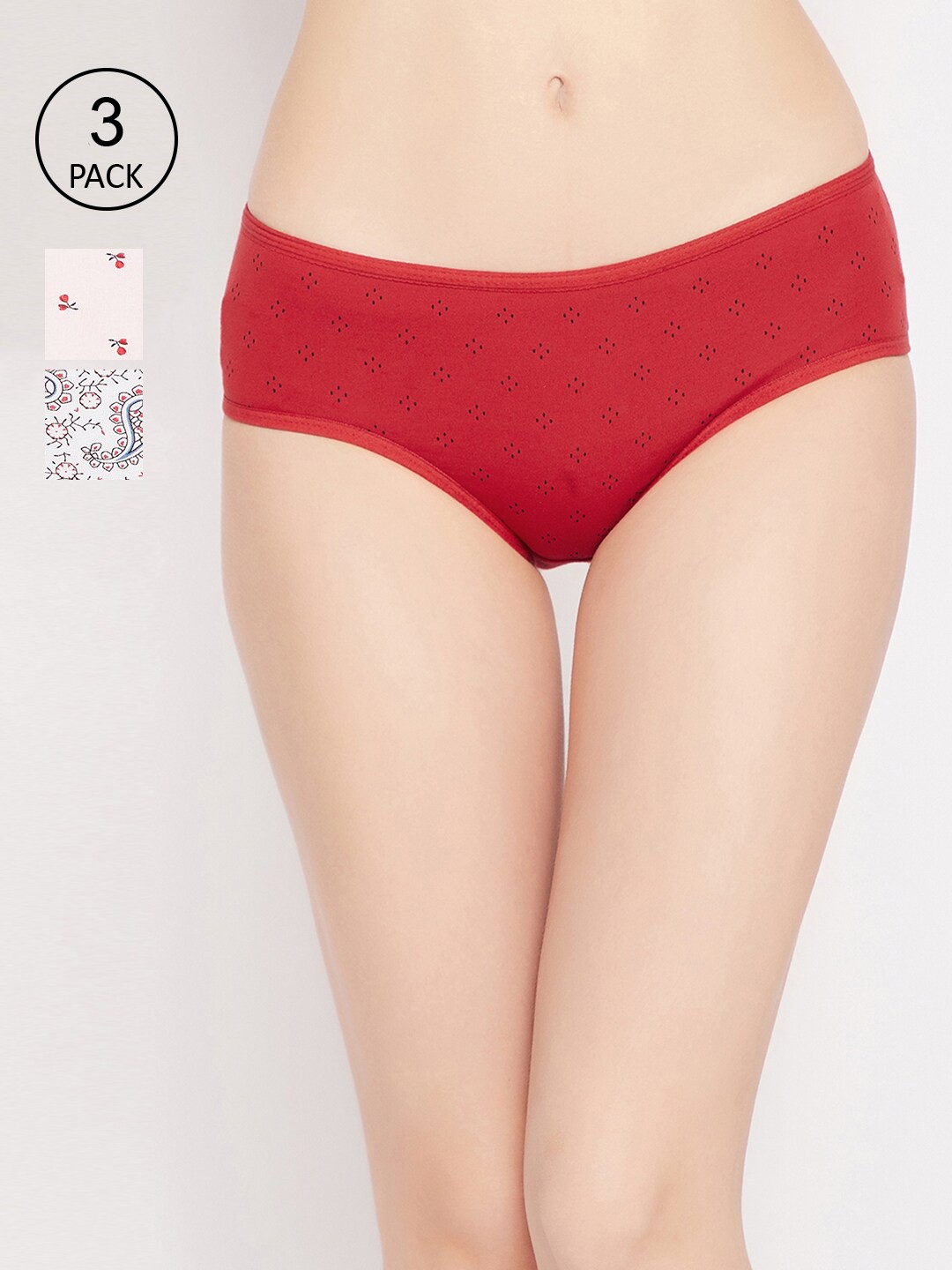 

Clovia Pack of 3 Cotton Mid Waist Printed Hipster Briefs, Red