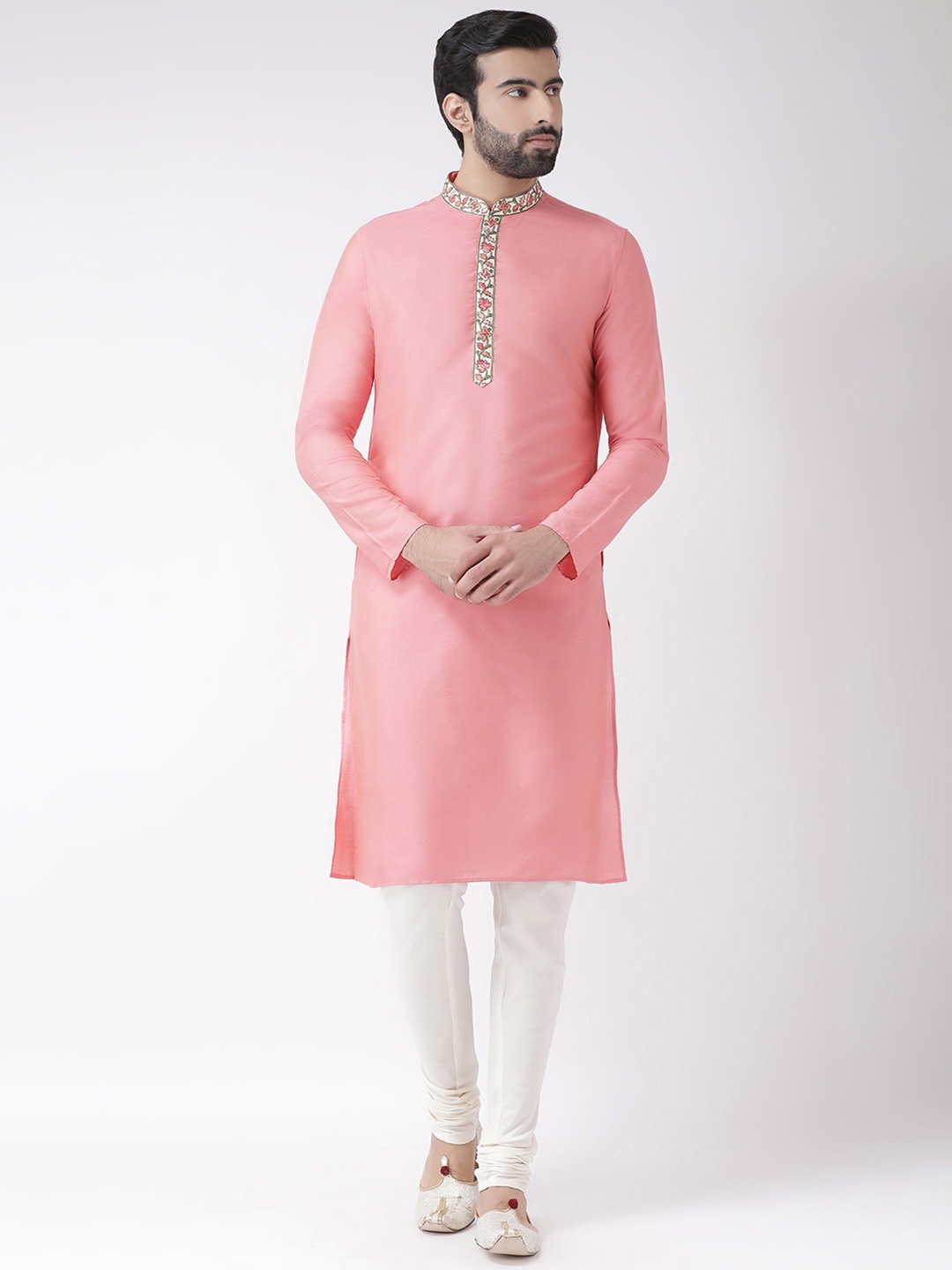 

KISAH Men Solid Regular Fit Thread Work Kurta Churidar Set, Pink